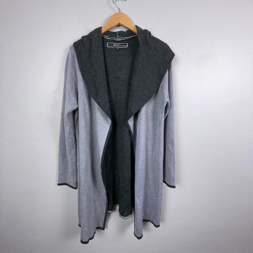 BNCI Blanc Noir Open Front Cardigan Women XL Gray Hooded Wool Blend Shawl Wrap